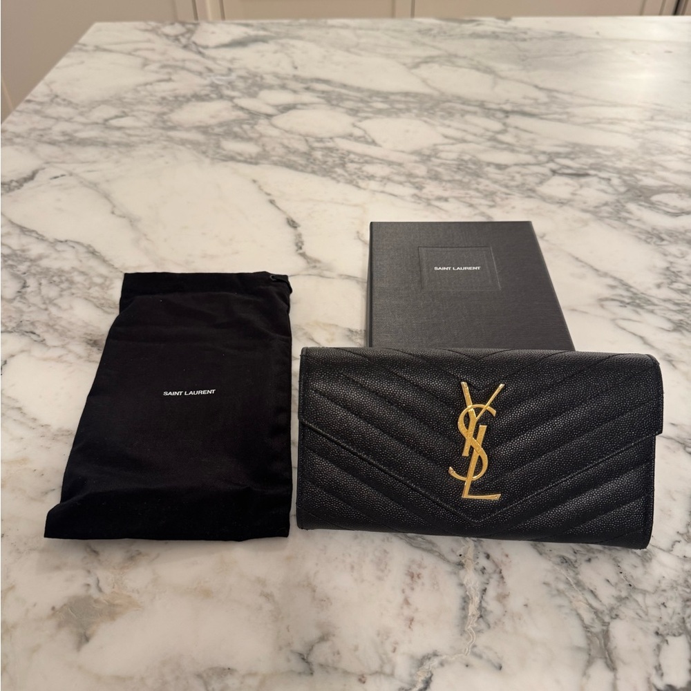 Saint Laurent Quilted Black Wallet with Gold Logo